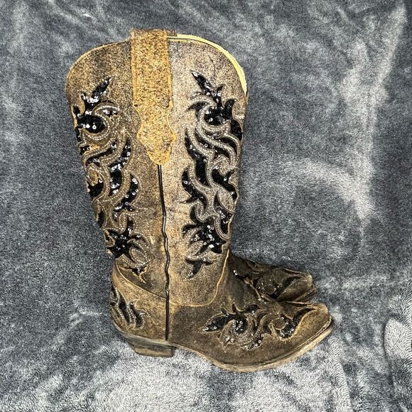 CORRAL BOOTS Brown Black Sequence Inlay Suede with Sequins Cowgirl Boots Size 7. - Picture 3 of 8
